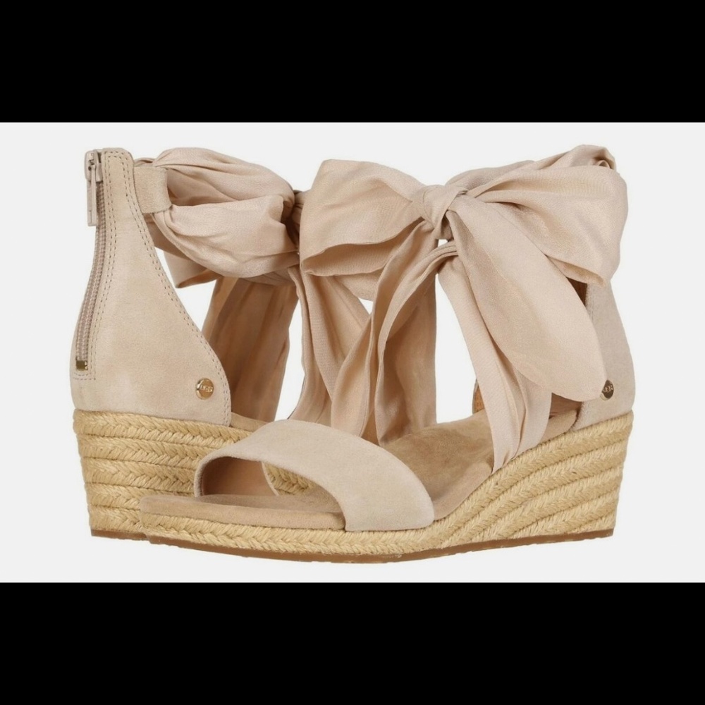 RARE - Lovely UGG Trina Nude Suede Wedges – Ballerina Wrap Ribbon Style – Size 7